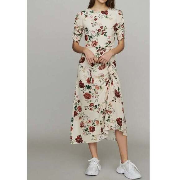 Maje Dresses & Skirts - Maje Floral Print Ruched Midi Dress with Adjustable Drawstring Slit Size 2
